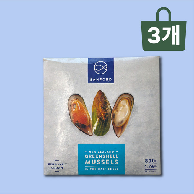 수산왕국 프리미엄 뉴질랜드 반탈각 자숙 그린 홍합 초록입홍합 800g, 3개