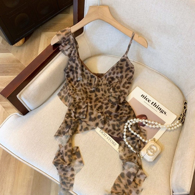 POMTOR 여름 여성 레오파드 프린트 블라우스 민소매 레이어드 프릴 섹시 상의