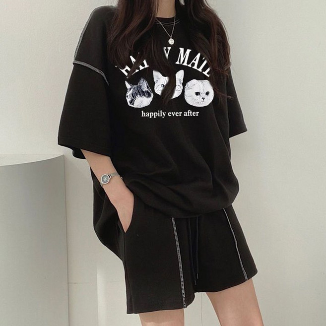 이서어패럴 고양이프린팅 루즈핏 반팔티 상하세트23247