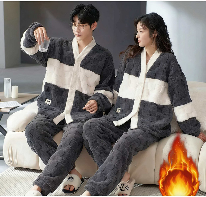 스타일닥터 가을 겨울 코럴 캐시미어 커플 잠옷 겨울 두꺼운 실내복 겉옷 세트