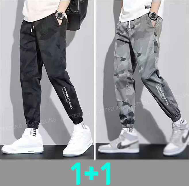 JUSTFEELING 1+1/2벌 남성 아이스 조거팬츠 데일리 카무플라주 카고바지 여름 얇은바지 레터링 운동바지 편한 쿨바지 M-5XL