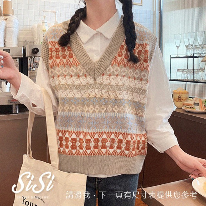 SISI 韓國秋冬復古V領針織馬甲背心毛衣上衣 寬鬆無袖設計 學生辦公皆宜 展現迷人風格