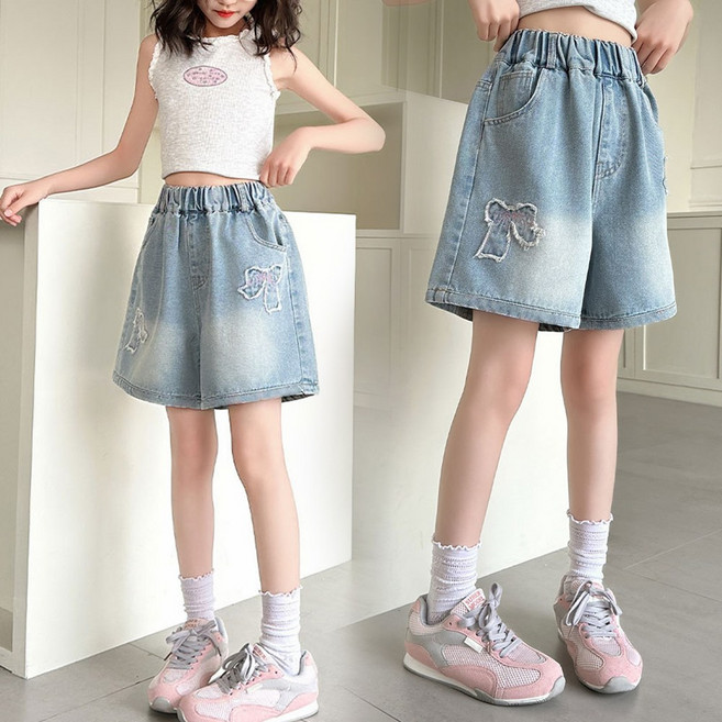 리본밴딩청반바지 여름팬츠 숏 여아 아동 반바지 나비 자수바지 초등여아 주니어 청팬츠 데일리룩