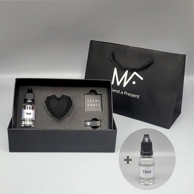 엠퓨처 차량용 하트 방향제 매트블랙 + 오일 15ml x 2p 세트 + 쇼핑백, 1세트, 에어프릴프레쉬