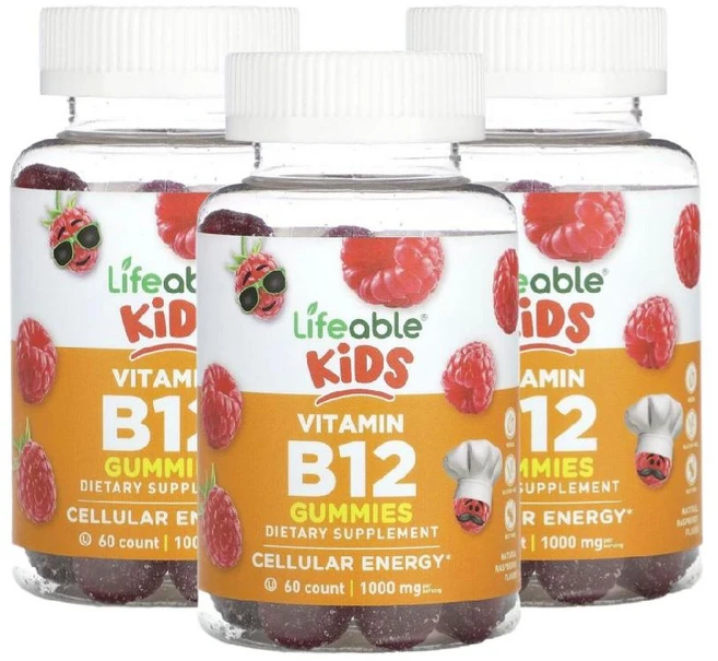1+1+1 라이퍼블 어린이용 비타민B12 구미젤리 60개 천연 라즈베리맛 시아노코발라민 - 쿠팡