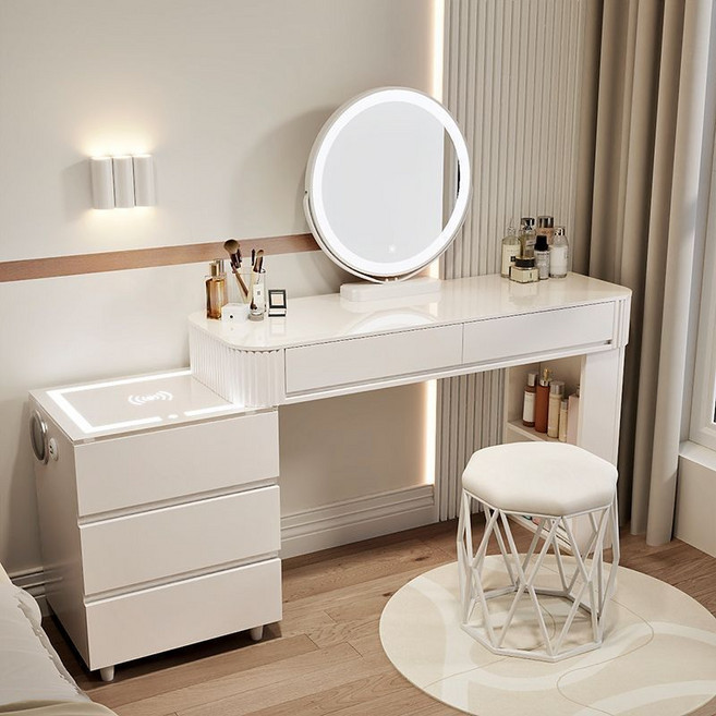 실용적인 수납 공간과 세련된 LED 조명 수납 서랍장 확장형 화장대, 120cm, 화이트 + 거울(A) + 의자(A)