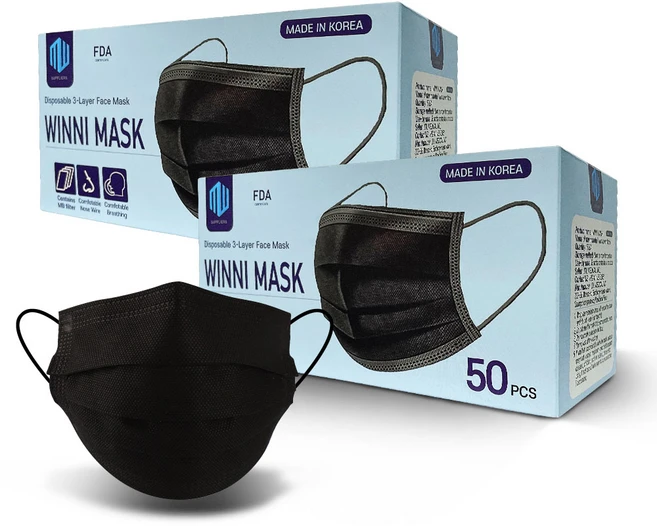 숨쉬기 편한 덴탈마스크 국산 일회용 3중 필터 위니 마스크 black mask 2박스, 50매입, 2개, 블랙 - 쿠팡
