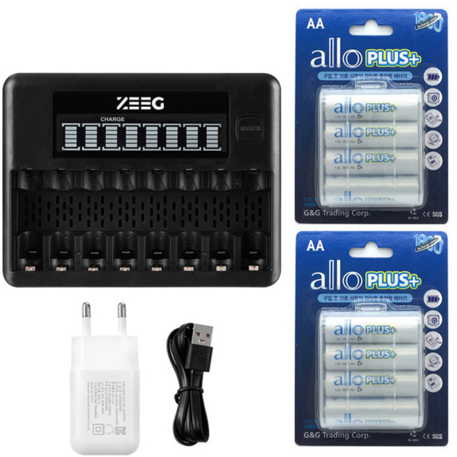 지그 스마트 8구 AA AAA 충전기 + ALLO 충전지 세트, 지그 8구 충전기+플러스AA(큰거)충전지 8알 세트, 1개