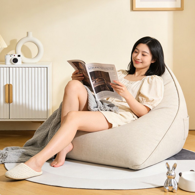 1인용 삼각 빈백 소파 탈부착 커버 세탁가능 부드러운 패브릭 안락의자 홈카페 인테리어 쇼파, 베이지