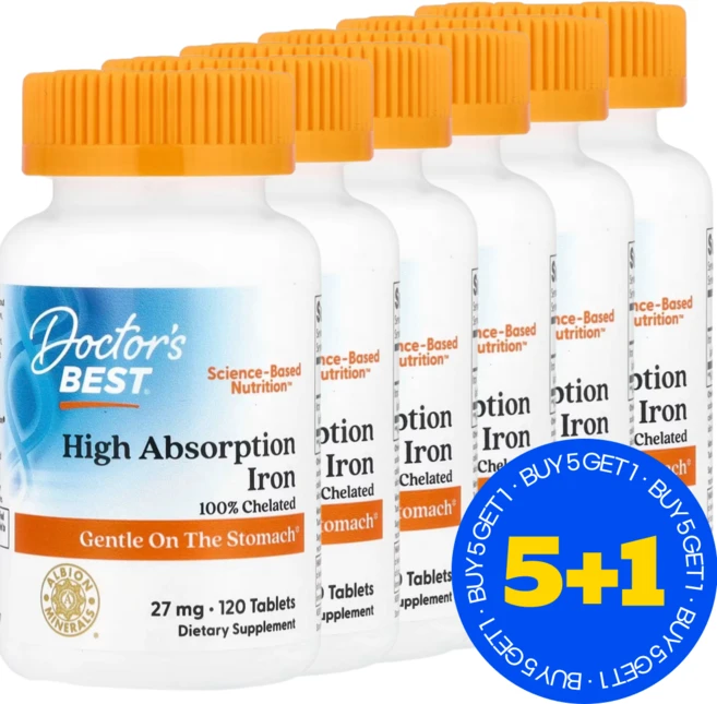 5+1 닥터스베스트 고흡수율 철분 보충제 Ferrochel 함유 27mg 120정 글루텐 프리 / 해외직구 미국정품, 6개 - 쿠팡