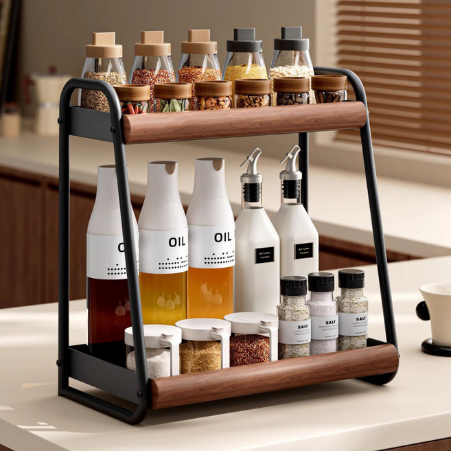 Homi Zon 주방 철제 양념통 선반 정리대 모던 원목 레트로 감성 정리함 2단, 화이트, 1개