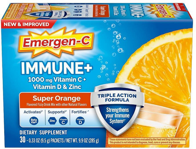 Emergen-C Immune+ 1000mg 비타민 C 파우더 면역력을 위한 비타민 D 아연 항산화 물질 및 전해질 포함 면역 지원 식이 보충제 수퍼 오렌지 맛 - 3, 분말, 성인남녀공용, 1개