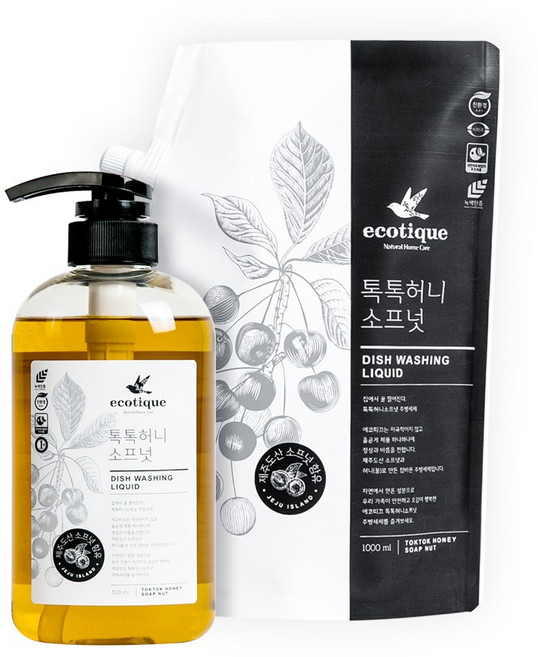 에코띠끄 톡톡허니 소프넛 친환경 과일 채소용 주방세제 세트 용기 500ml+리필 1000ml, 1개, 1L