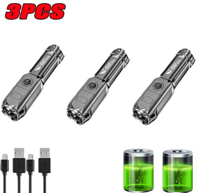 강력한 LED 손전등 100000 루멘 전술 손전등 충전식 USB 18650 방수 줌 낚시 사냥 LED 손전등, Silvery-3pcs