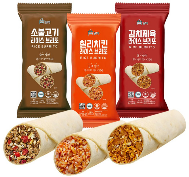 [담짜몰] 담짜 브리또 3종 맛보기 소불고기 김치제육 칠리치킨 라이스 브리또 143g식사대용아침식사냉동식품간편식, 3개, 143g