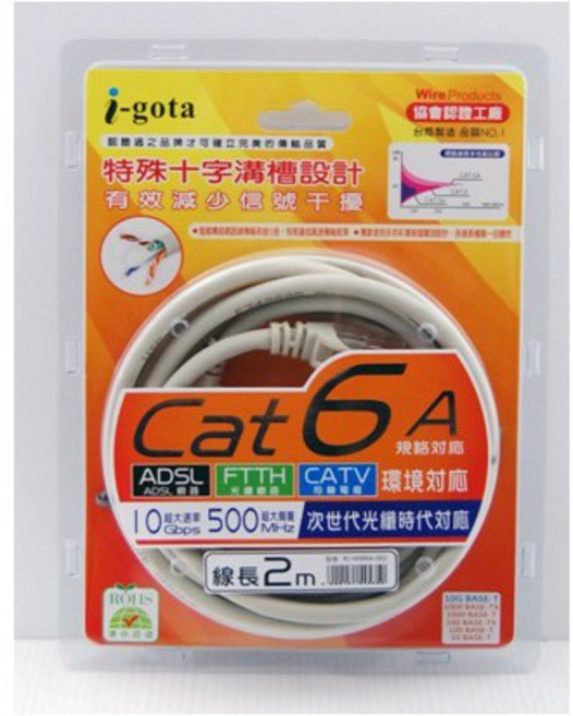 i-gota Cat6A 十字溝槽網路線協會認證網路線 高速穩定傳輸 適用於各種網路環境, 灰色, 1條, 2m