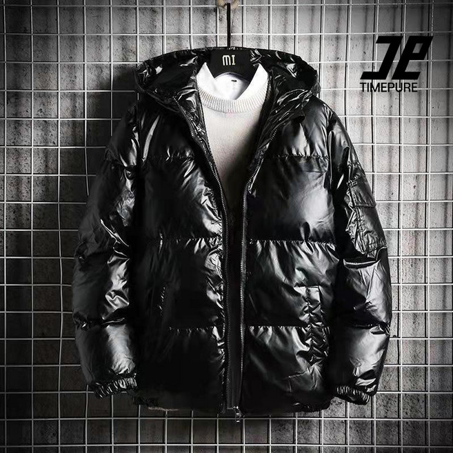 TIMEPURE 겨울 남성 면패딩점퍼 두꺼운 남자 다운 코트 보온 후드 숏패딩 트렌디 광택 남성 면패딩 오버핏 겨울 아우터 대형 사이즈 겨울코트 캐주얼 스타일 포근한 외투