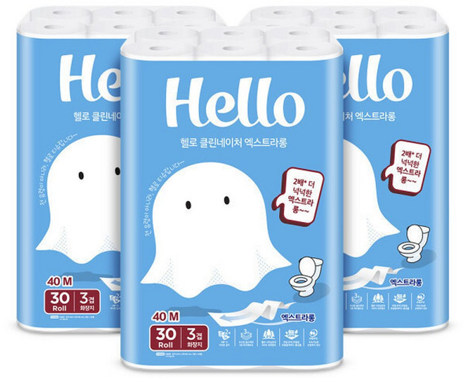 헬로 클린네이처 엑스트라롱 천연펄프 3겹 고급롤화장지, 40m, 30개입, 3개