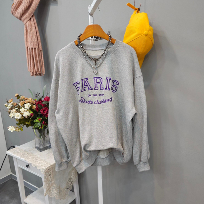 여성용 면100% 라운드넥 파리스 자수 오버핏 긴팔 맨투맨 티셔츠