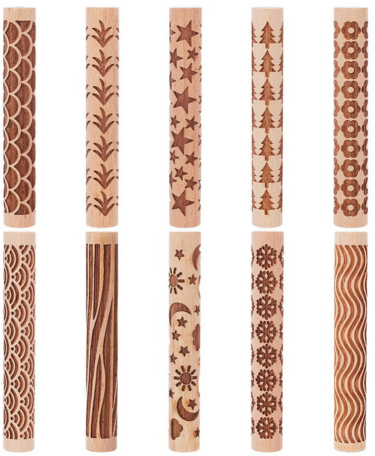 10개 쿠키 굽기 및 무늬 만들기에 적합한 10가지 스타일의 나무 밀대 (다양한 모양 102x14.5mm), 혼합색