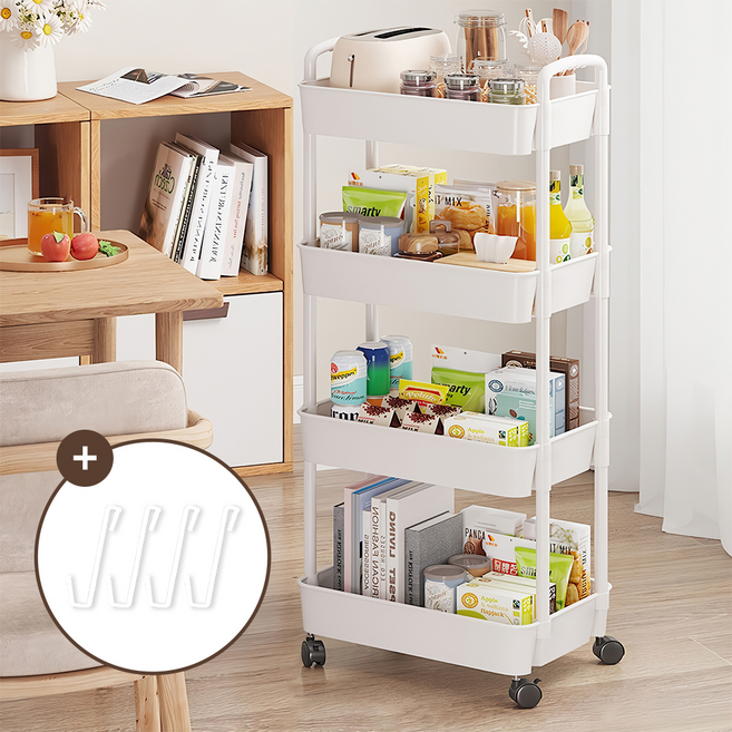 무루어 이동식 틈새 수납 트롤리, 화이트, 4단