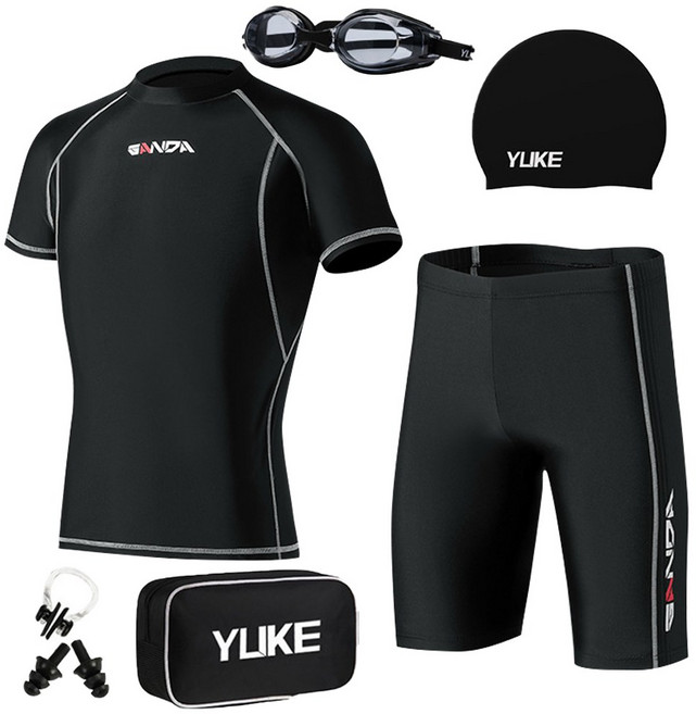 남자수영복 7종세트 반바지 수경 수모세트, 블랙