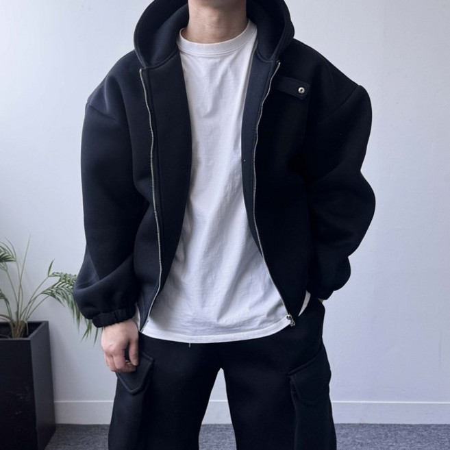 크롭 후드 루즈 오버핏 네오프렌 후드 숏 집업 점퍼 자켓