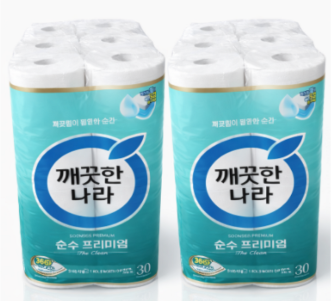 깨끗한나라 순수 프리미엄 더클래스 30m 30롤 2팩, 60개입, 2개