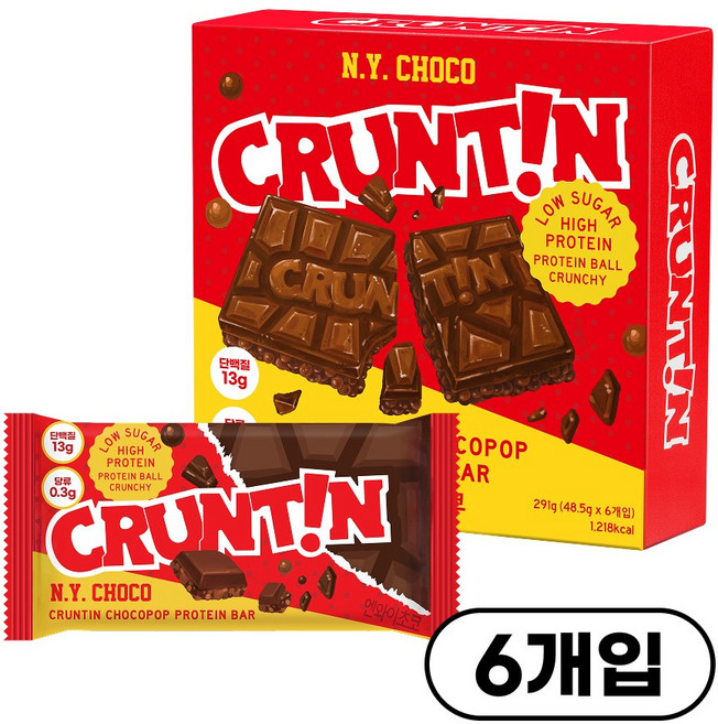 [본사공식몰] 크런틴 초코팝 단백질바 NY초코 당0g대, 1박스, 48.5g
