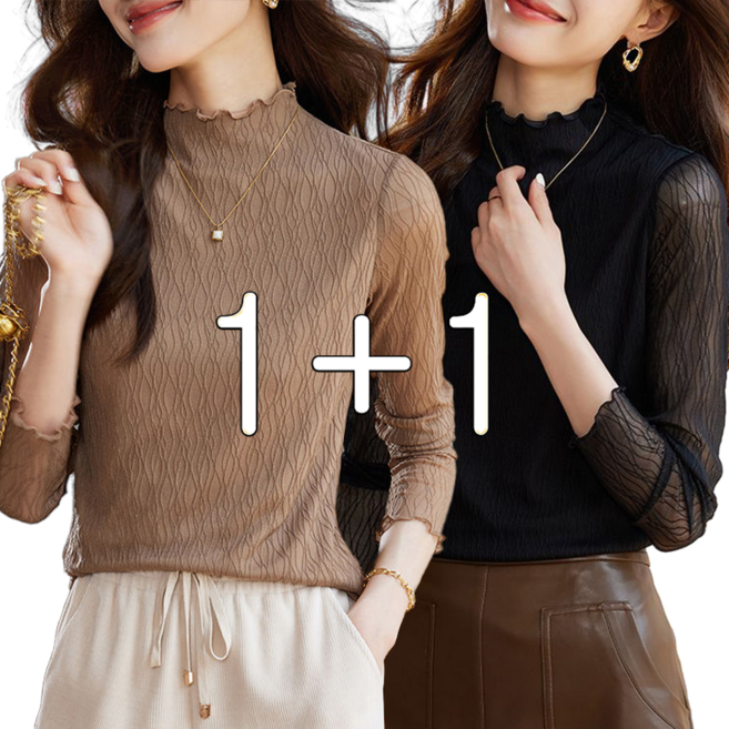 POMTOR 1+1 여성 레이스 셔츠 반폴라 이너 긴팔 티셔츠