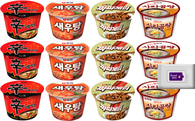농심 큰컵라면세트 신라면3+새우탕3+사리곰탕3+짜파게티3+그레잇물티슈(10매), 1개