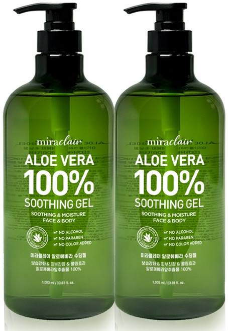 미라클레어 대용량 알로에베라 순도100% 무알콜 수딩젤 수분가득, 2개, 1L