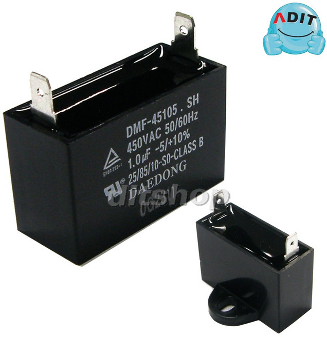 ADIT - 450V 1.0uF 국산정품 모터 콘덴서 선풍기 에어컨 실외기 환풍기 보일러 펌프 후드 기동콘덴서 커패시터 사각수지 선풍기부품, 1개, BK0818