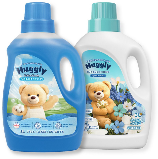 허글리 액상 세탁세제 코튼캔디 3L + 허글리 섬유유연제 미스틱퍼퓸 3L 세트, 1세트
