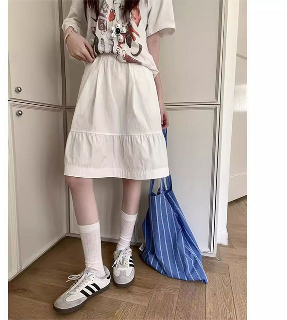 GUEFOON 藏青色半身裙女春夏 高腰顯瘦a字短裙小個子中裙五分傘裙