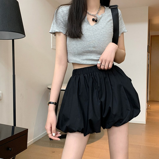 크레스티 여름 하이웨스트 플레어 반바지 빅사이즈 밴딩 벌룬 치마바지