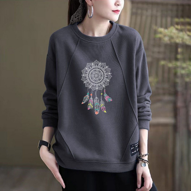 Makone 여성 순면 맨투맨 프린트 라운드넥 루즈핏 빅사이즈 캐주얼 긴팔 티셔츠