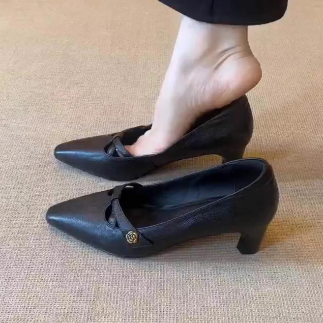 데일리 스퀘어 토오픈 스트랩 미들 슈즈 단화 발편한 통굽 여성구두 4cm