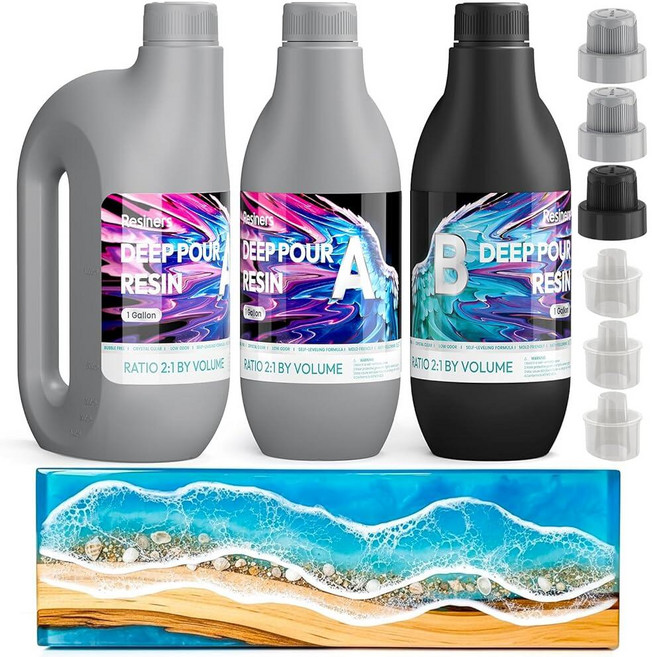 Resiners Deep Pour 에폭시 수지 9.6L(3갤런) 5.1~10.2cm(2~4인치) 깊이의 크리스탈 클리어 에폭시 꽃 보존용 기포 방지 및 저점도 주조 수지, Resiners Deep Pour 에폭시 수지 9.6L