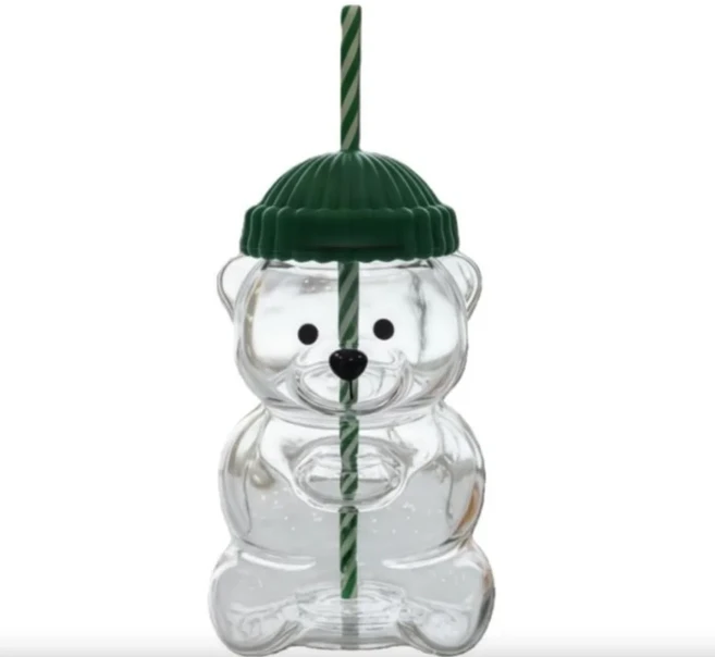 500ML 귀여운 곰 유리컵 대용량 뚜껑 직음용 빨대컵 일상 주스 우유용, 02 plastic cup, 02 Green lid
