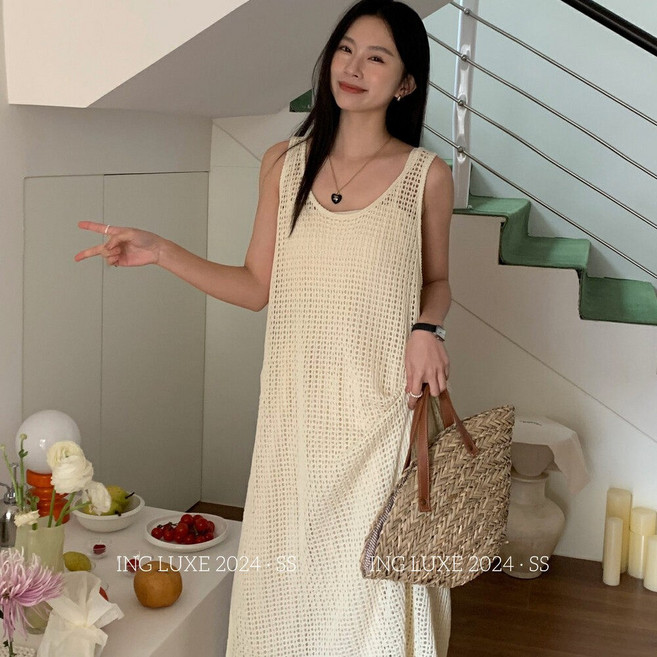 ASURE 여성 니트 나시 원피스 민소매 레이어드 펀칭 롱원피스