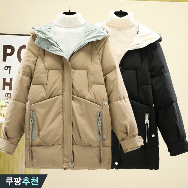 (브랜드 추천) 85kg까지 빅사이즈 여성 후드 배색 미디 볼륨감 날씬해보이는 패딩 가을 겨울 편한 패션 고급 유니크 이쁜 디자인 두꺼운 따뜻한 에센셜 방한복 웰론 패딩 점퍼