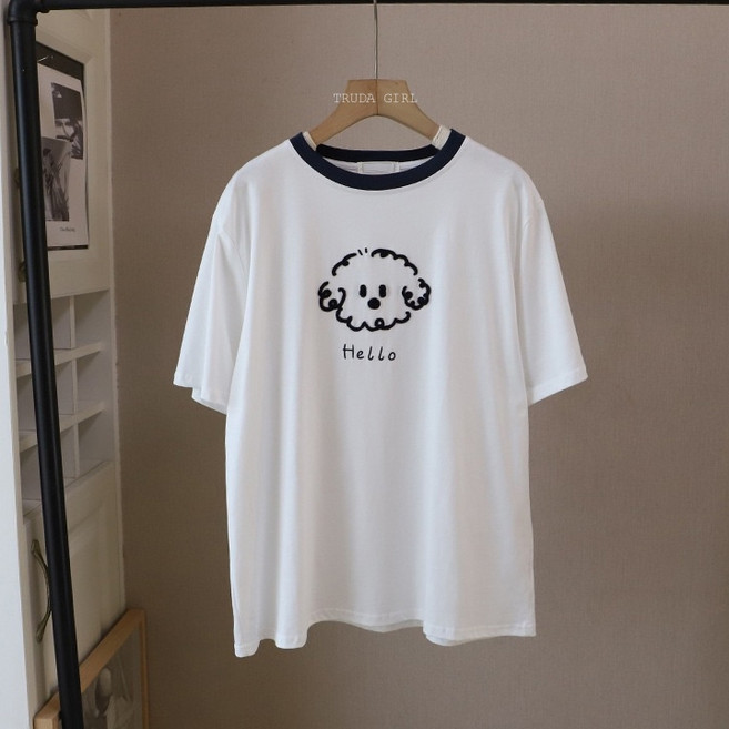 杜達女孩 狗頭刺繡短袖T恤