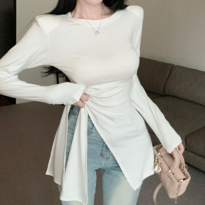 아이엠몽 여성 언밸런스 슬림 스트랩 긴팔 티셔츠