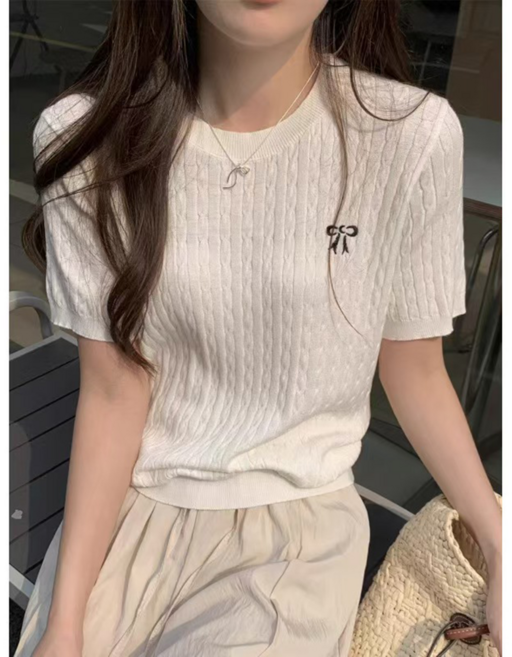 꼬임 니트 반소매 여성 나비 리본 여름 티셔츠 얇은 스타일