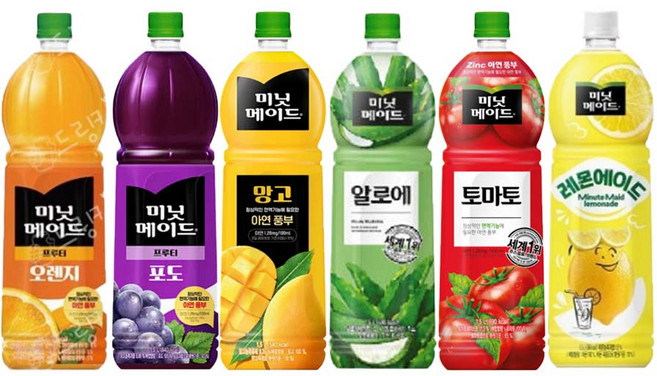 [드링킹기획] 미닛메이드 1.5L 6종 음료세트 오렌지+포도+레몬에이드+망고+토마토+알로에, 6개