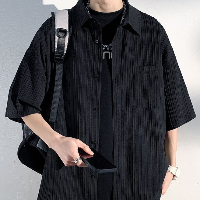冰絲襯衫短袖男士夏季薄款純色休閒潮牌痞帥五分襯衣服夏天外套
