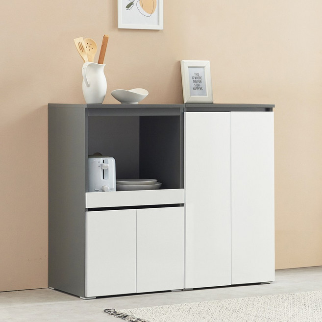 헤븐 800 전자렌지 밥솥 선반 2단 원룸 오븐 수납장+렌지대 세트, 그레이화이트