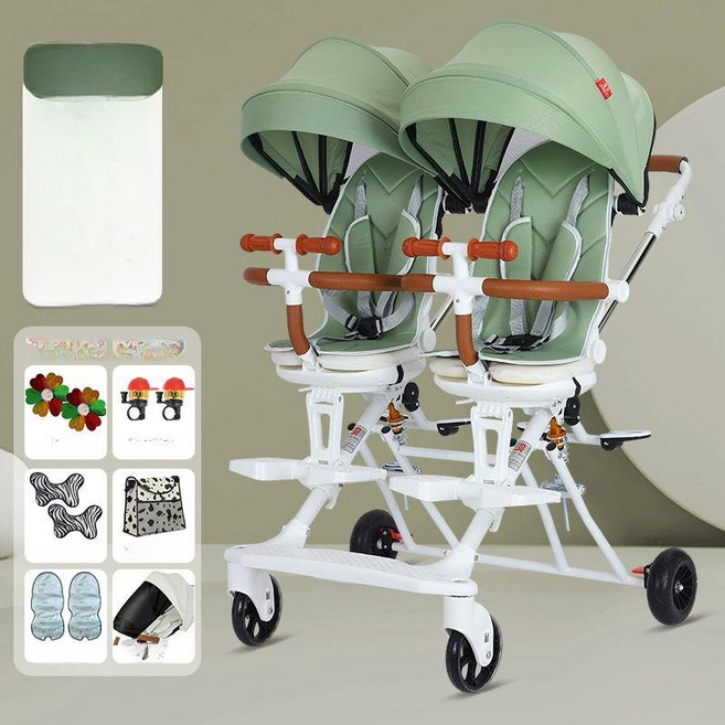 쌍둥이 트라이크 2인 휴대용 유모카 폴딩 접이식 검정/일반휠/네이키드, 마차그린+대형 오프로드+차양막