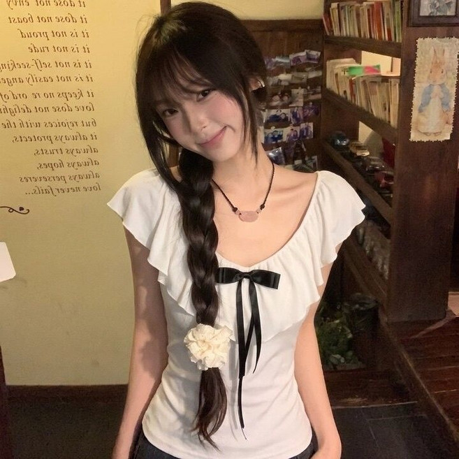 法式溫柔風泡泡袖V領短袖T恤女裝蝴蝶結系帶收腰修身顯瘦上衣